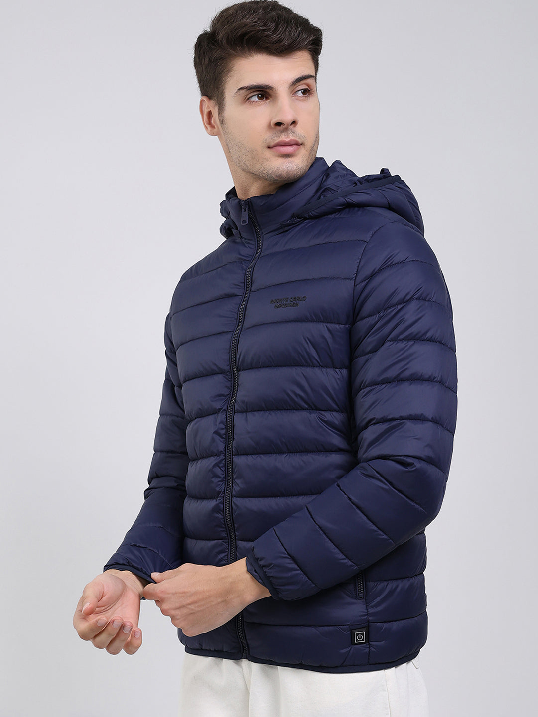 Men Navy Blue Solid Hooded Full Sleeve Heating Jacket