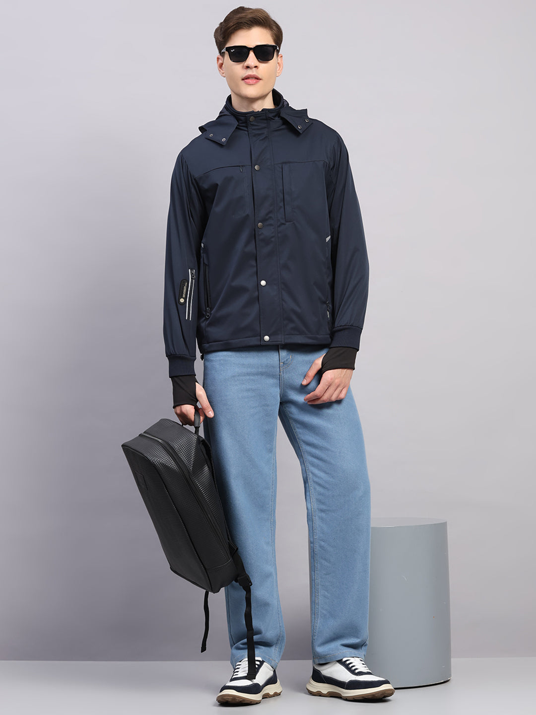 Men Navy Blue Solid Hooded Traveller Jacket With Night Visibility Reflective Strip