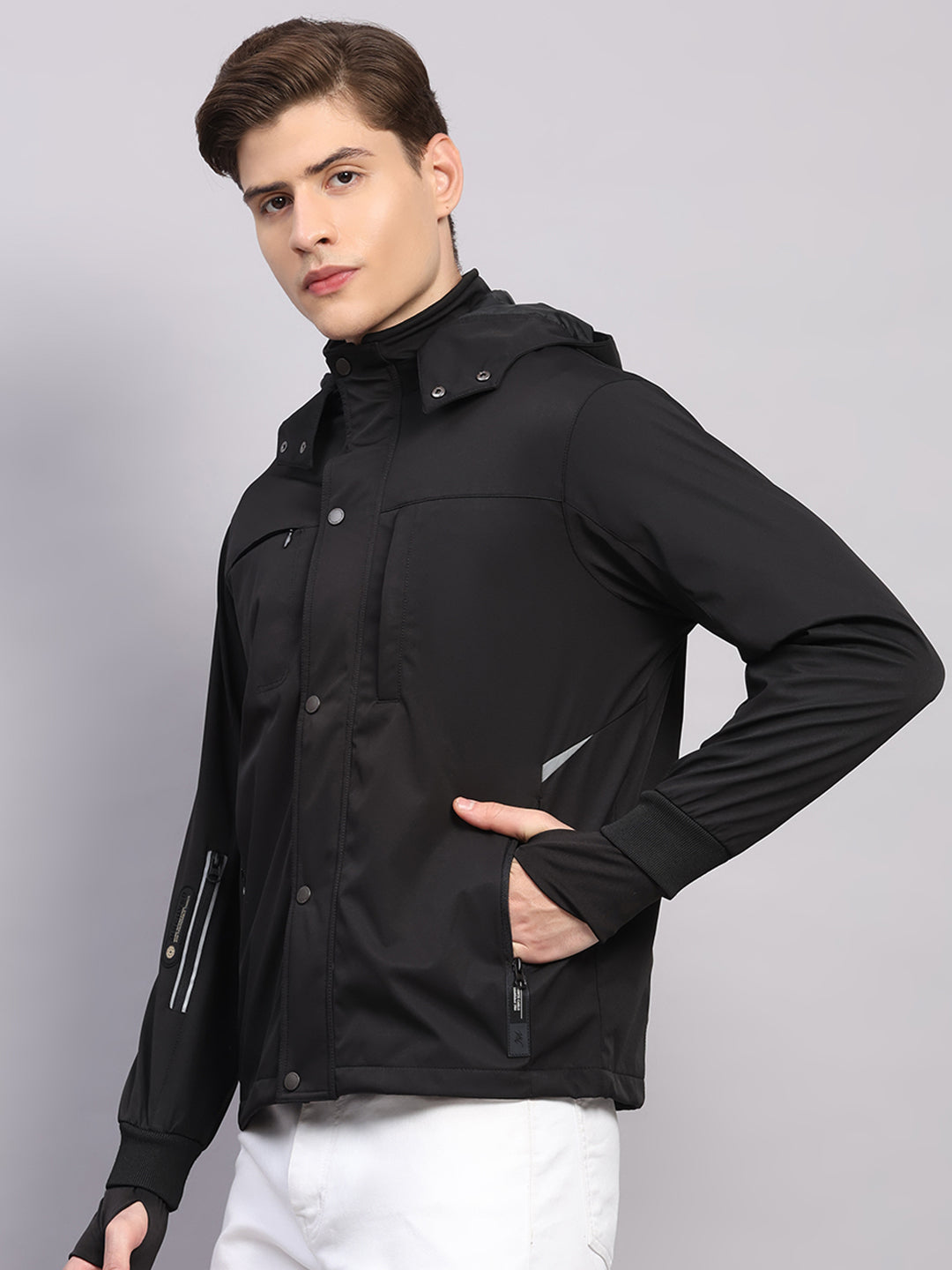 Men Black Solid Hooded Traveller Jacket With Night Visibility Reflective Strip
