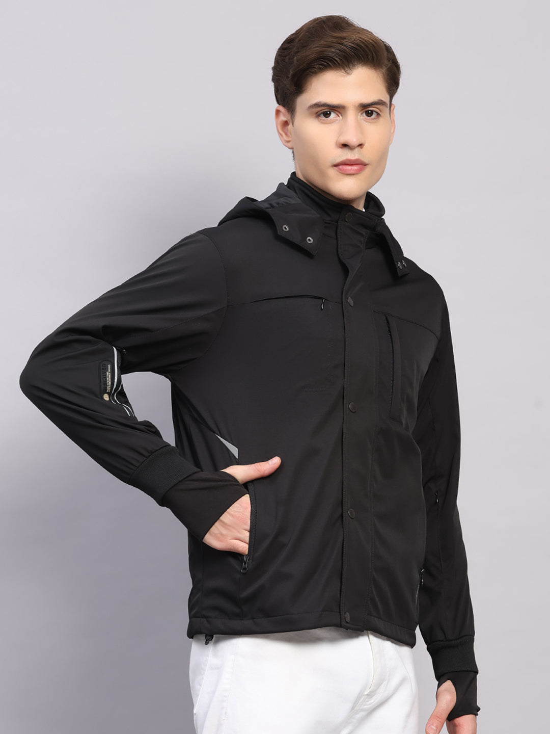 Men Black Solid Hooded Traveller Jacket With Night Visibility Reflective Strip