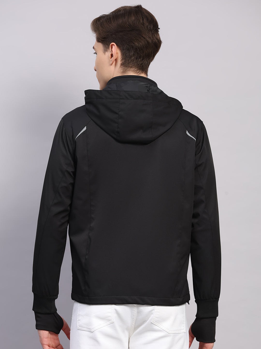 Men Black Solid Hooded Traveller Jacket With Night Visibility Reflective Strip