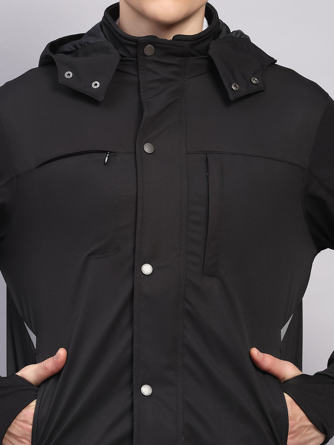 Men Black Solid Hooded Traveller Jacket With Night Visibility Reflective Strip