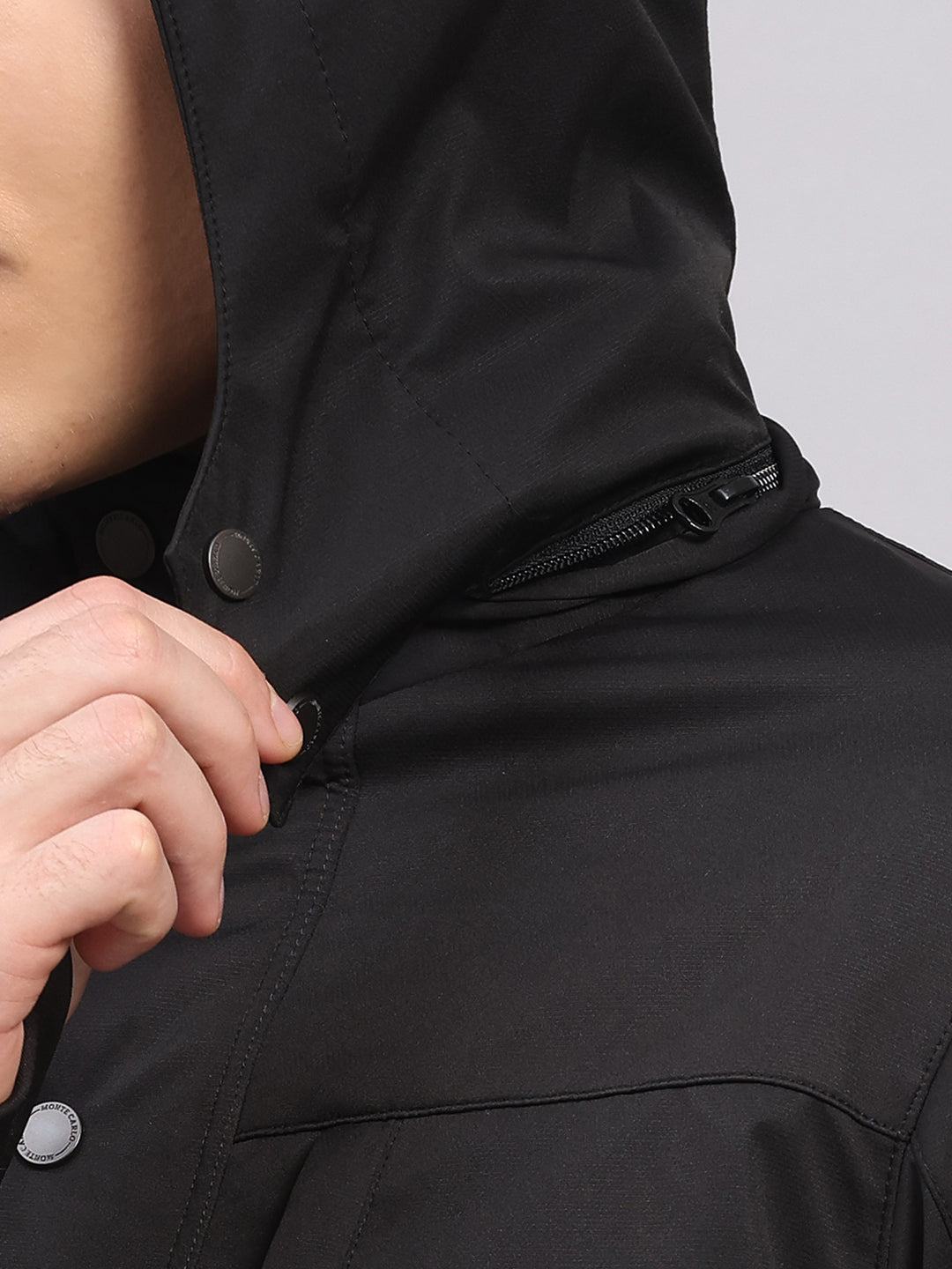Men Black Solid Hooded Traveller Jacket With Night Visibility Reflective Strip