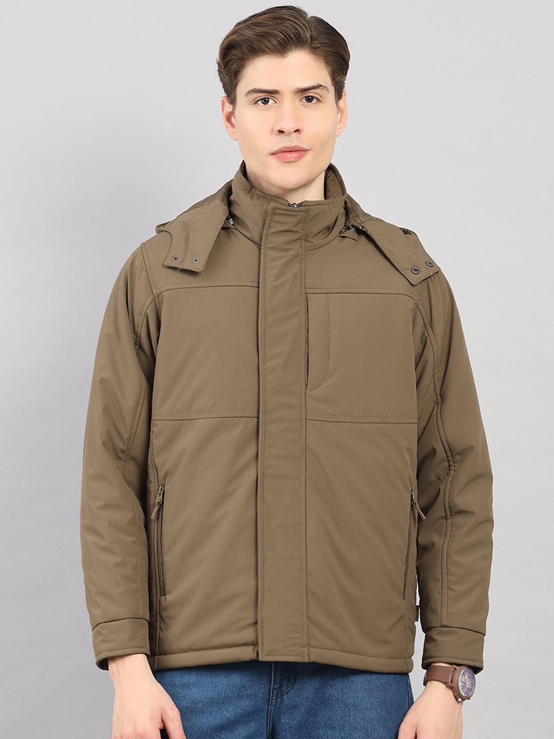 Men Khaki Solid 4 in 1 Convertible Hooded Jacket Wear It 4 Ways