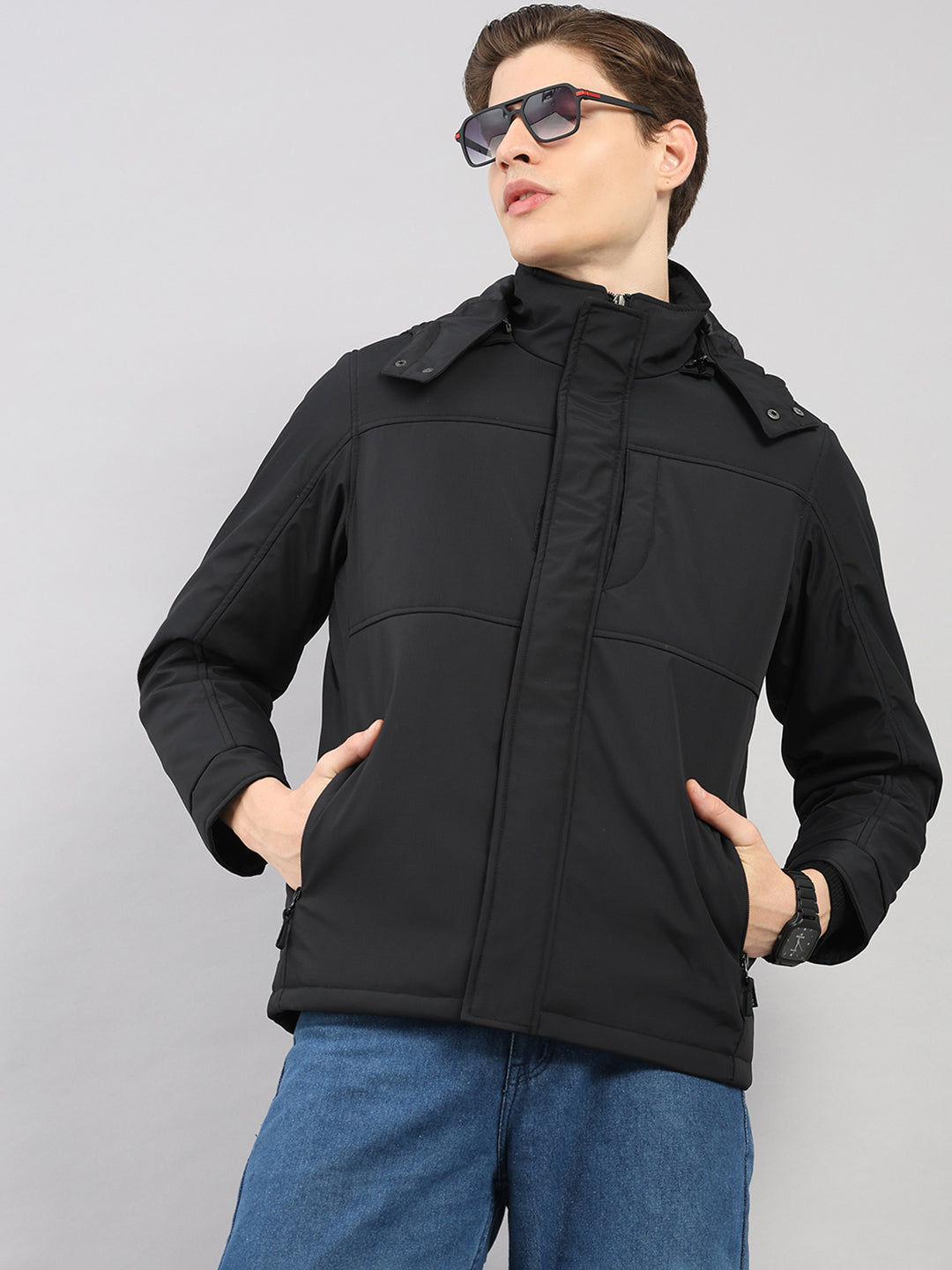 Men Black Solid 4 in 1 Convertible Hooded Jacket Wear It 4 Ways