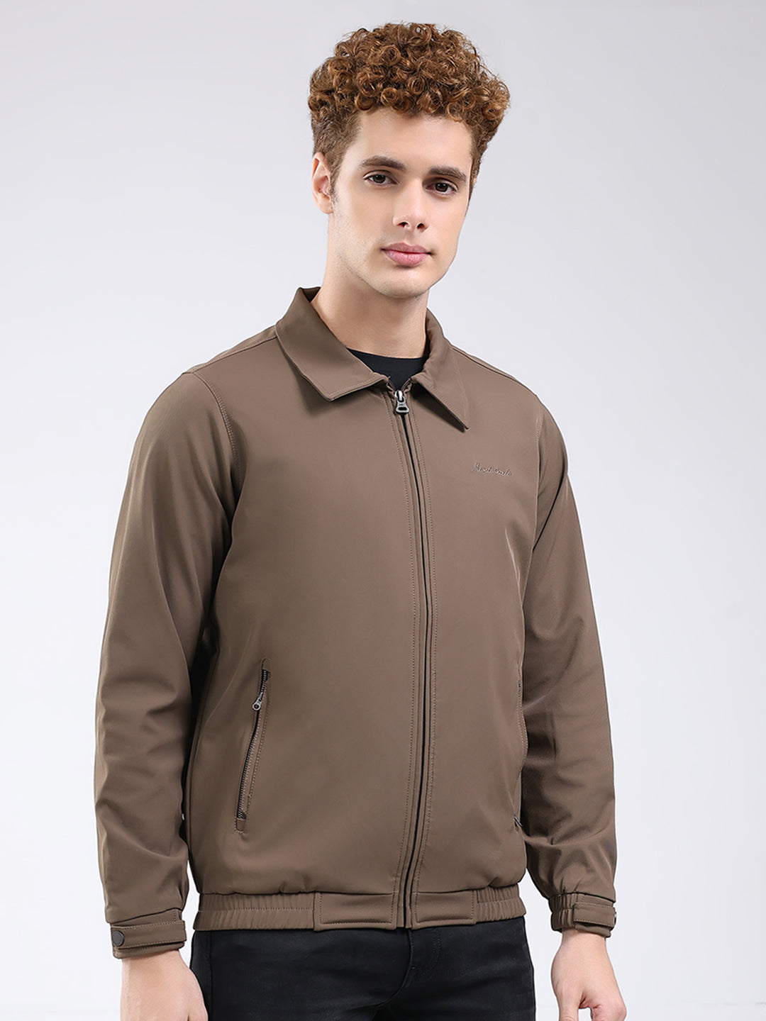 Men Brown Solid Collar Full Sleeve Jacket