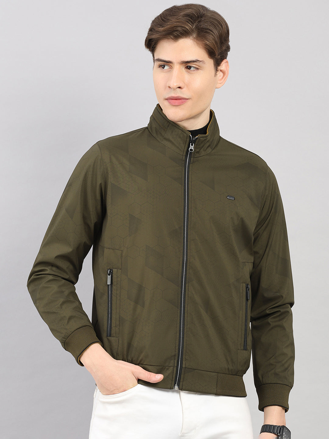 Men Olive Solid Stand Collar Full Sleeve Reversible Jacket