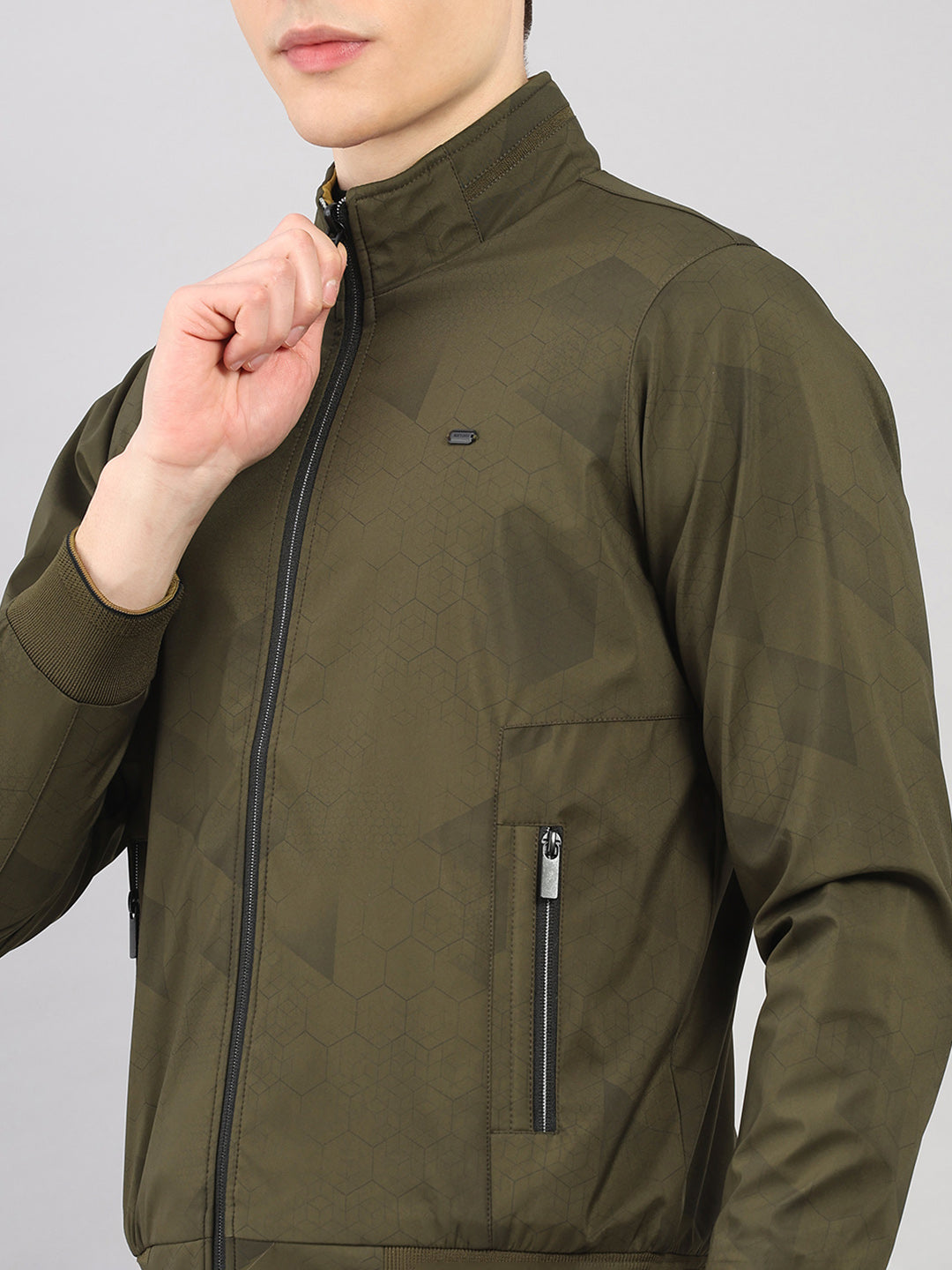 Men Olive Solid Stand Collar Full Sleeve Reversible Jacket