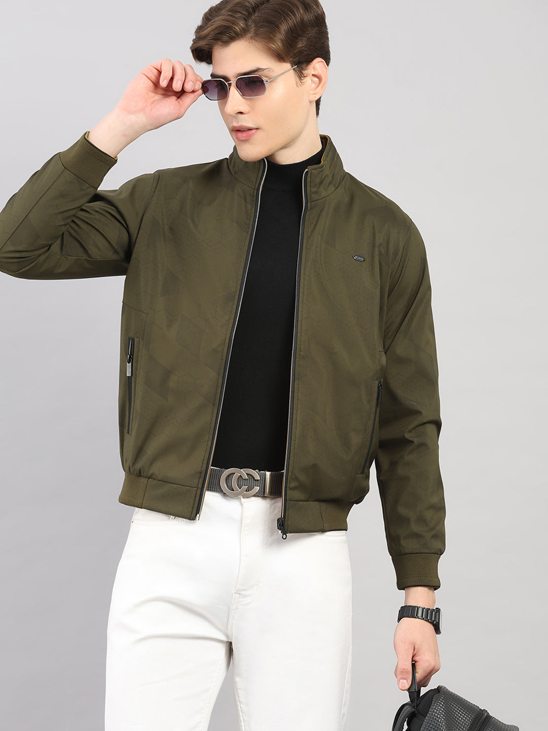 Men Olive Solid Stand Collar Full Sleeve Reversible Jacket