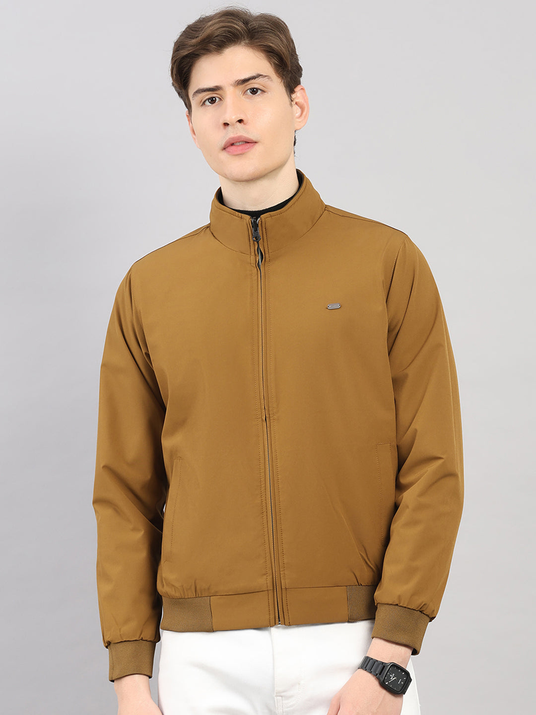 Men Olive Solid Stand Collar Full Sleeve Reversible Jacket