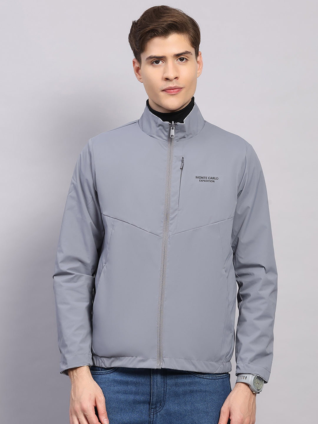 Men Grey Solid Hooded Full Sleeve Jacket