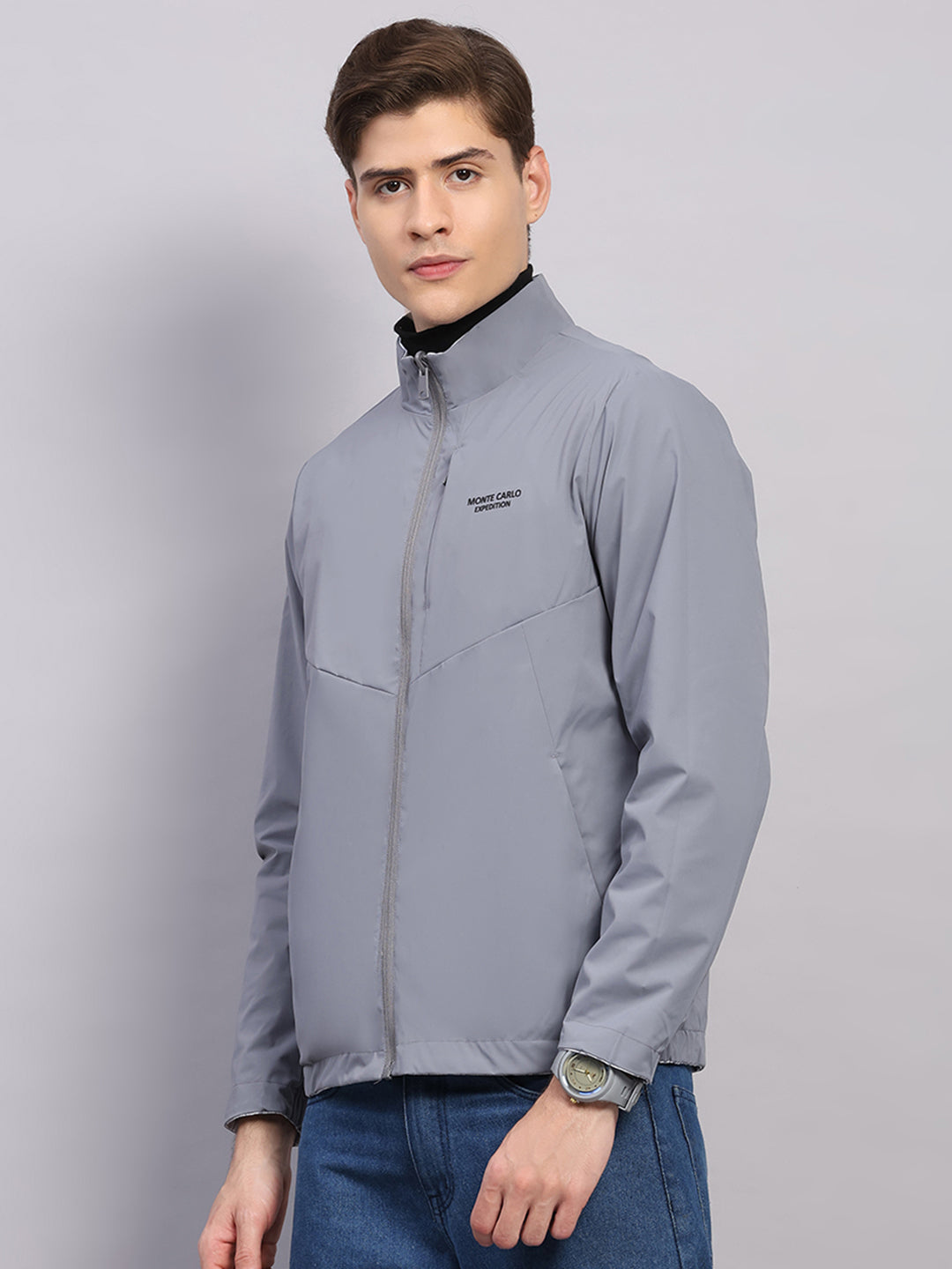 Men Grey Solid Hooded Full Sleeve Jacket
