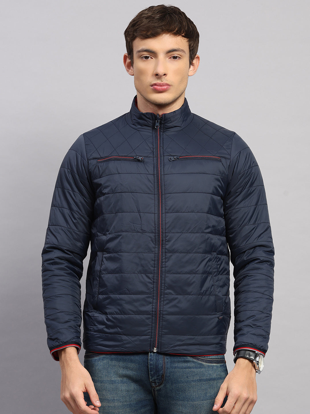 Men Navy Blue Solid Collar Full Sleeve Jacket