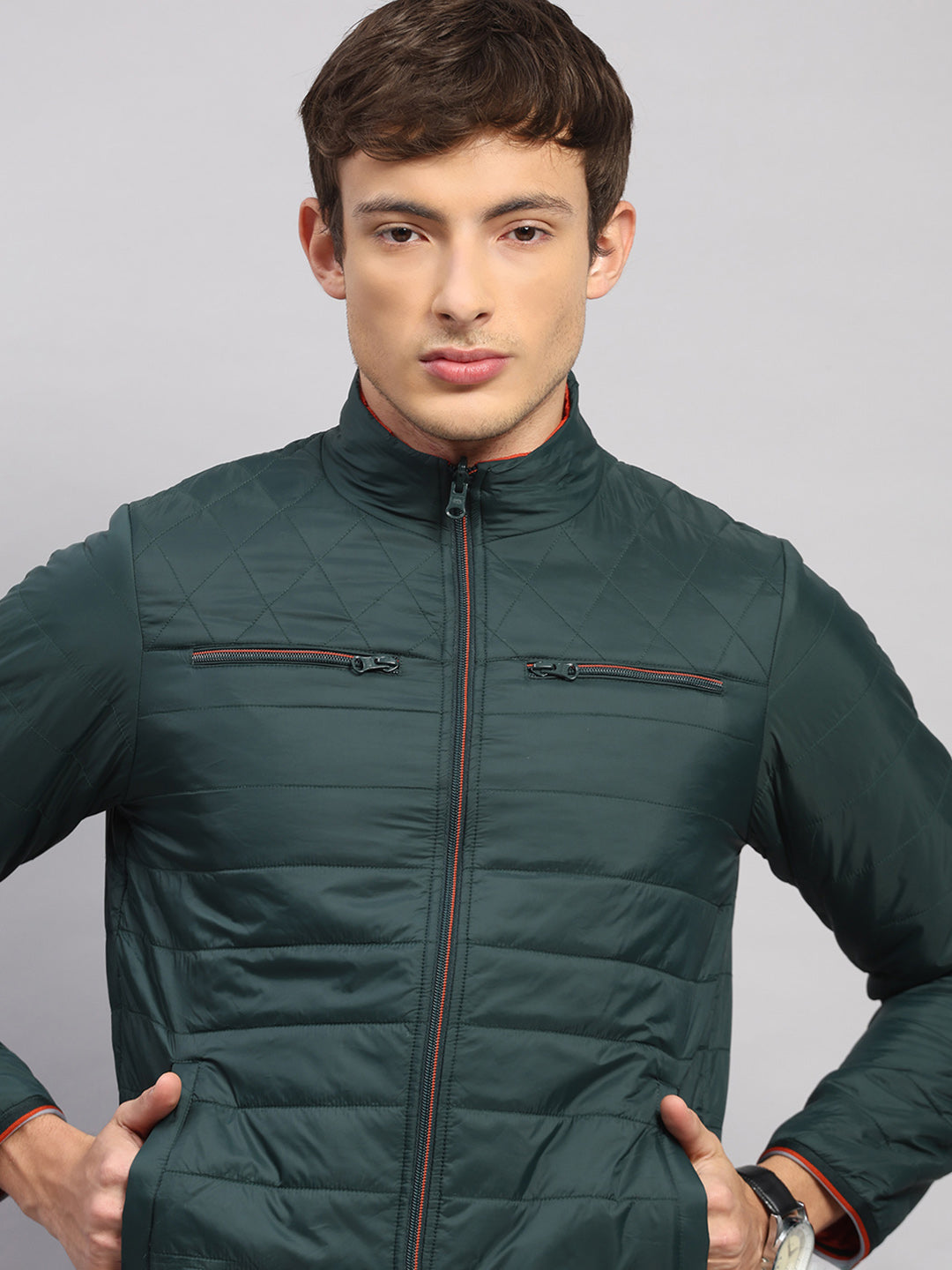 Men Olive Solid Collar Full Sleeve Jacket
