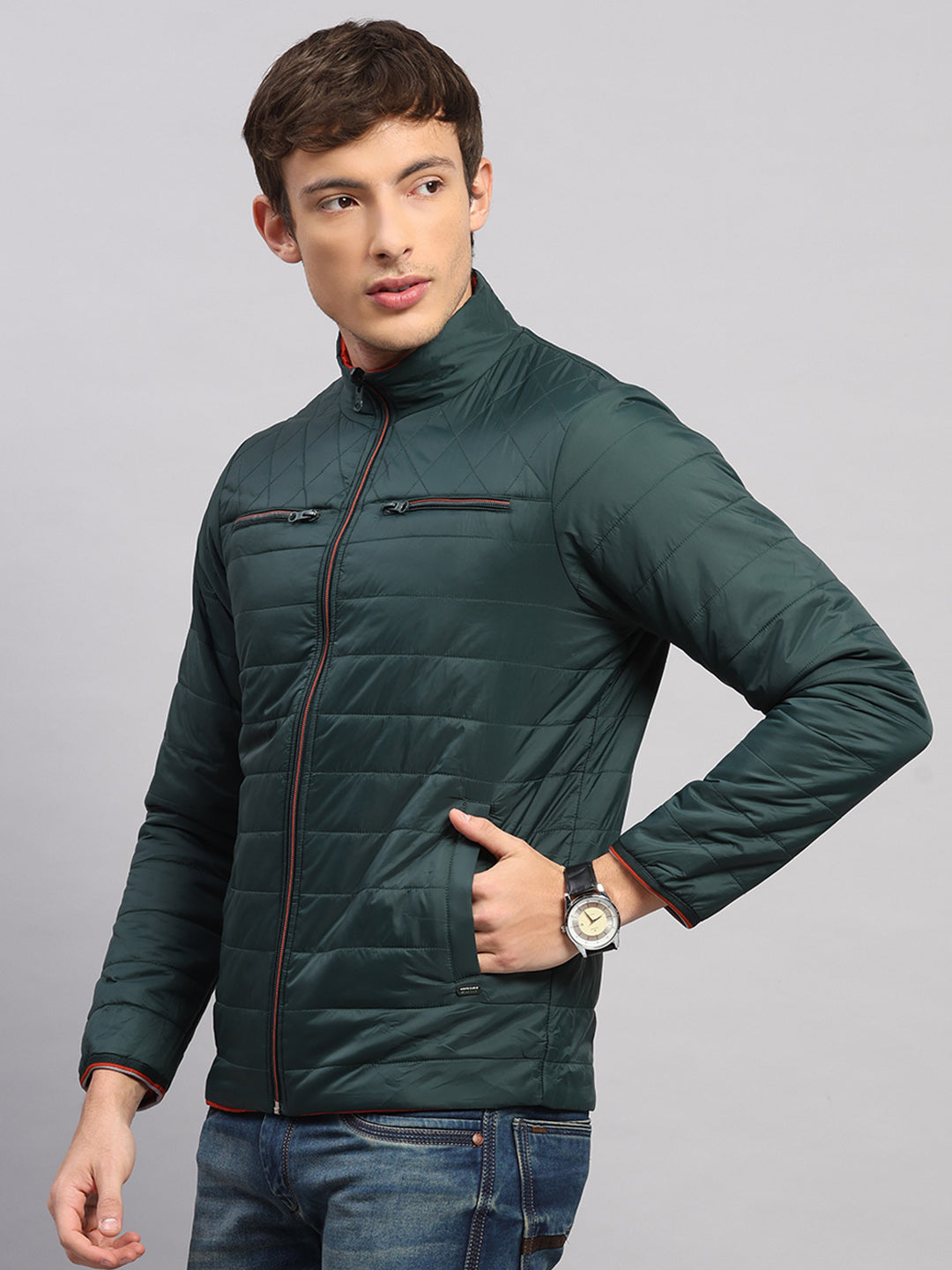 Men Olive Solid Collar Full Sleeve Jacket