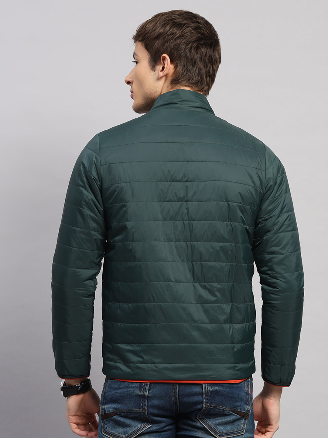 Men Olive Solid Collar Full Sleeve Jacket