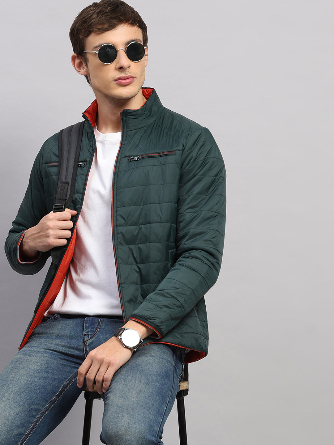 Men Olive Solid Collar Full Sleeve Jacket