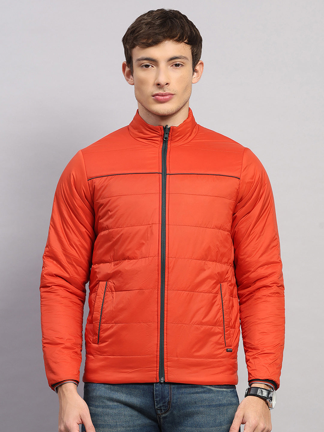 Men Olive Solid Collar Full Sleeve Jacket