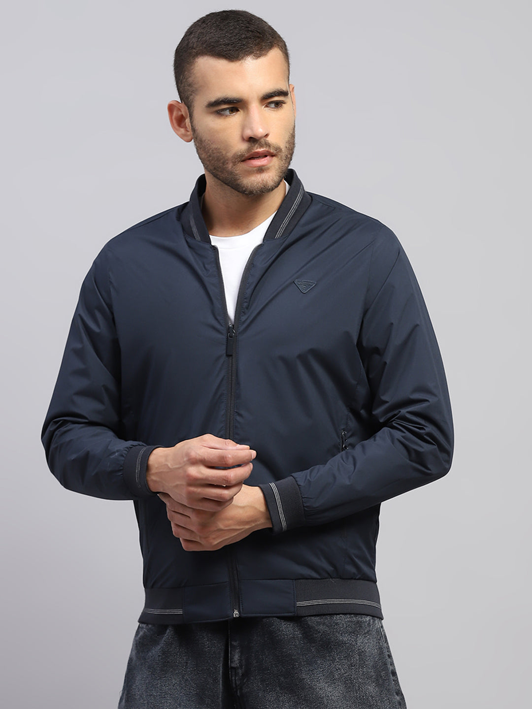 Men Navy Blue Solid Collar Full Sleeve Reversible Jacket