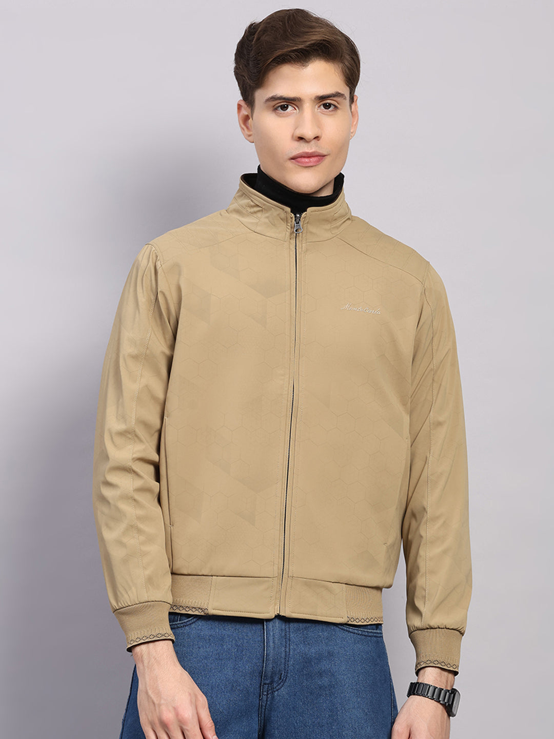 Men Khaki Solid Collar Full Sleeve Jacket