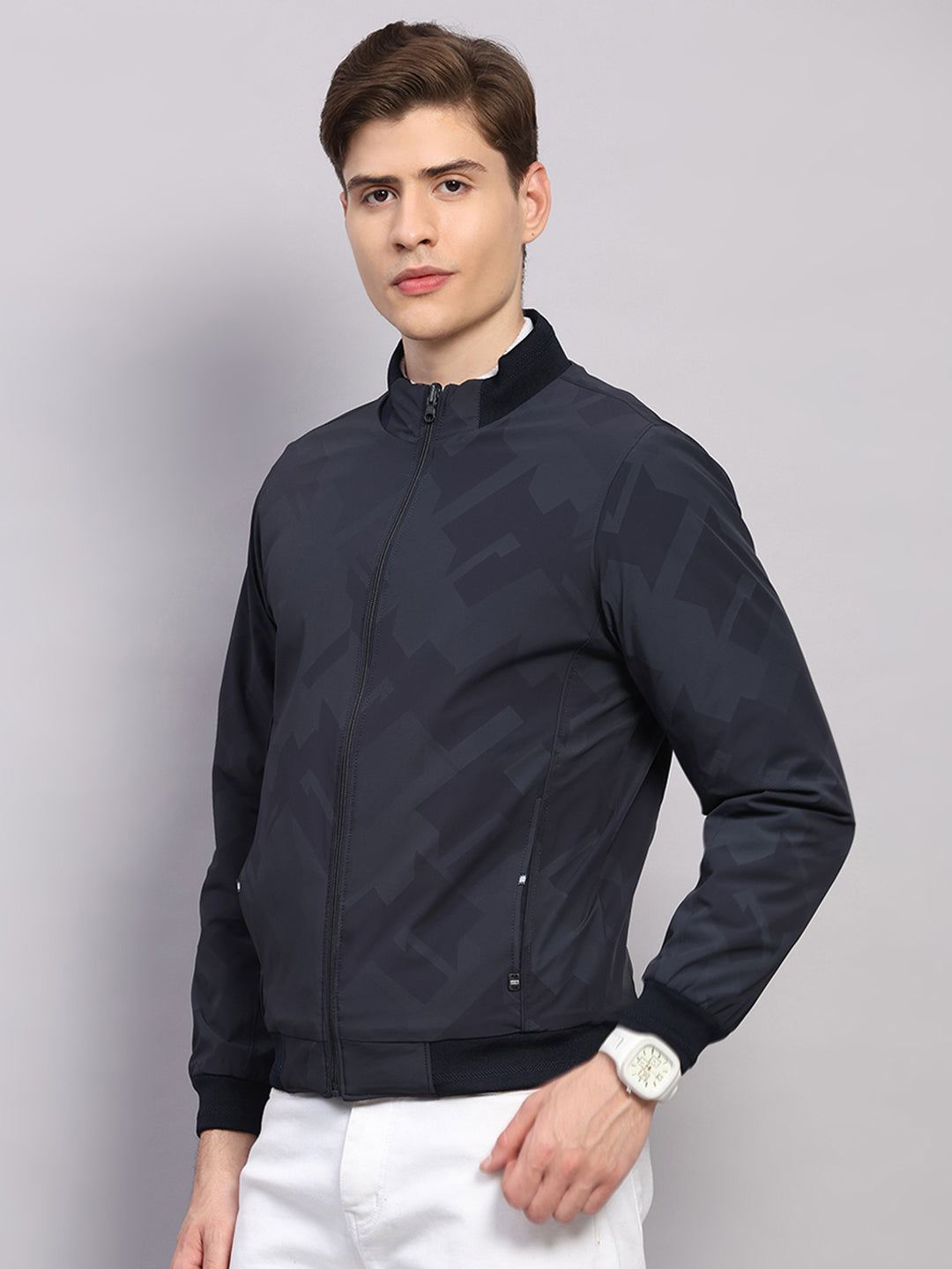 Men Navy Blue Solid Collar Full Sleeve Jacket