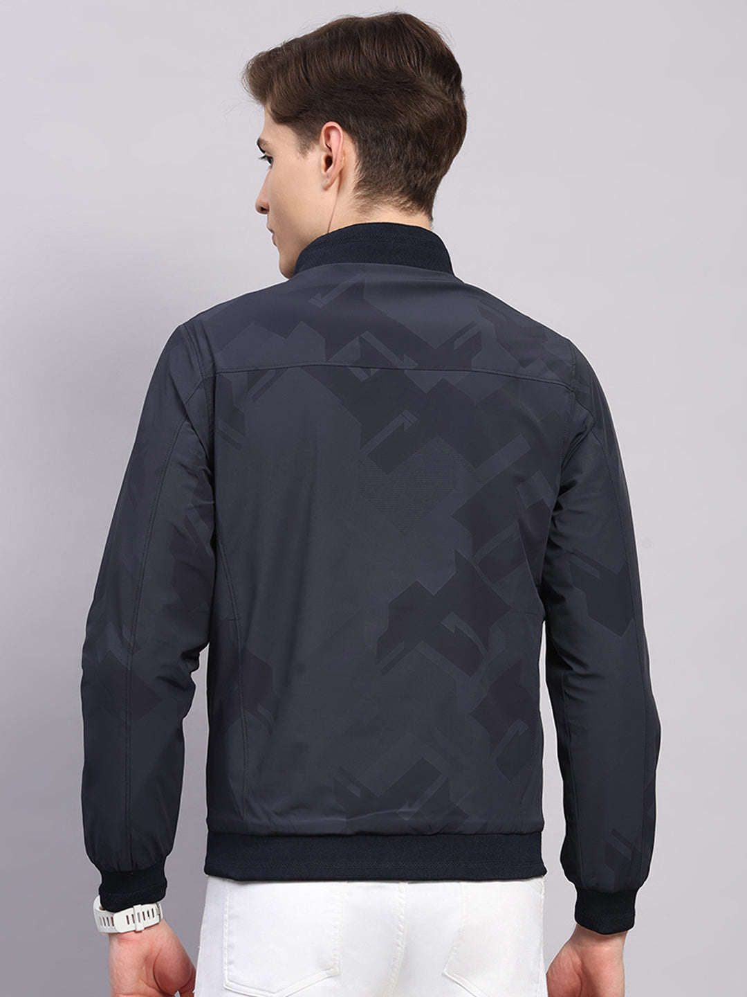 Men Navy Blue Solid Collar Full Sleeve Jacket