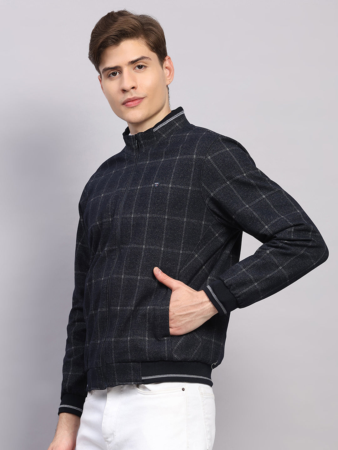 Men Navy Blue Solid Collar Full Sleeve Jacket