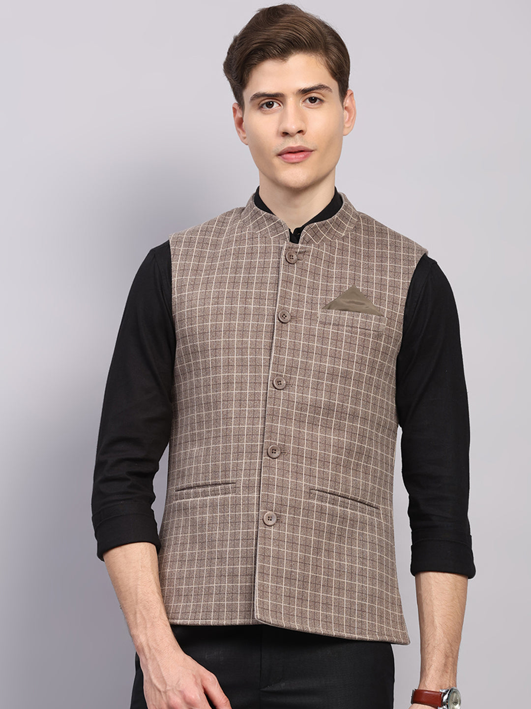 Men Beige Check Collar Sleeveless Nehru Jacket