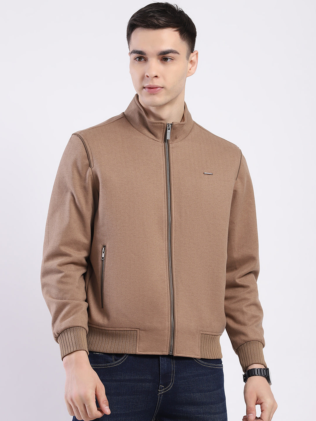 Men Tan Solid Mock Neck Full Sleeve Jacket