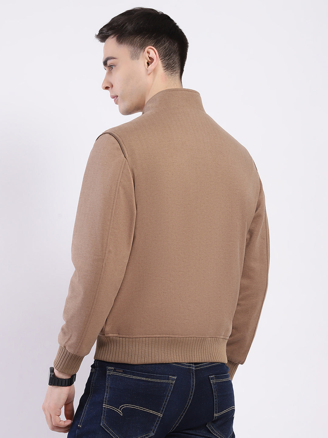 Men Tan Solid Mock Neck Full Sleeve Jacket