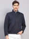 Men Blue Printed Mock Neck Full Sleeve Jacket