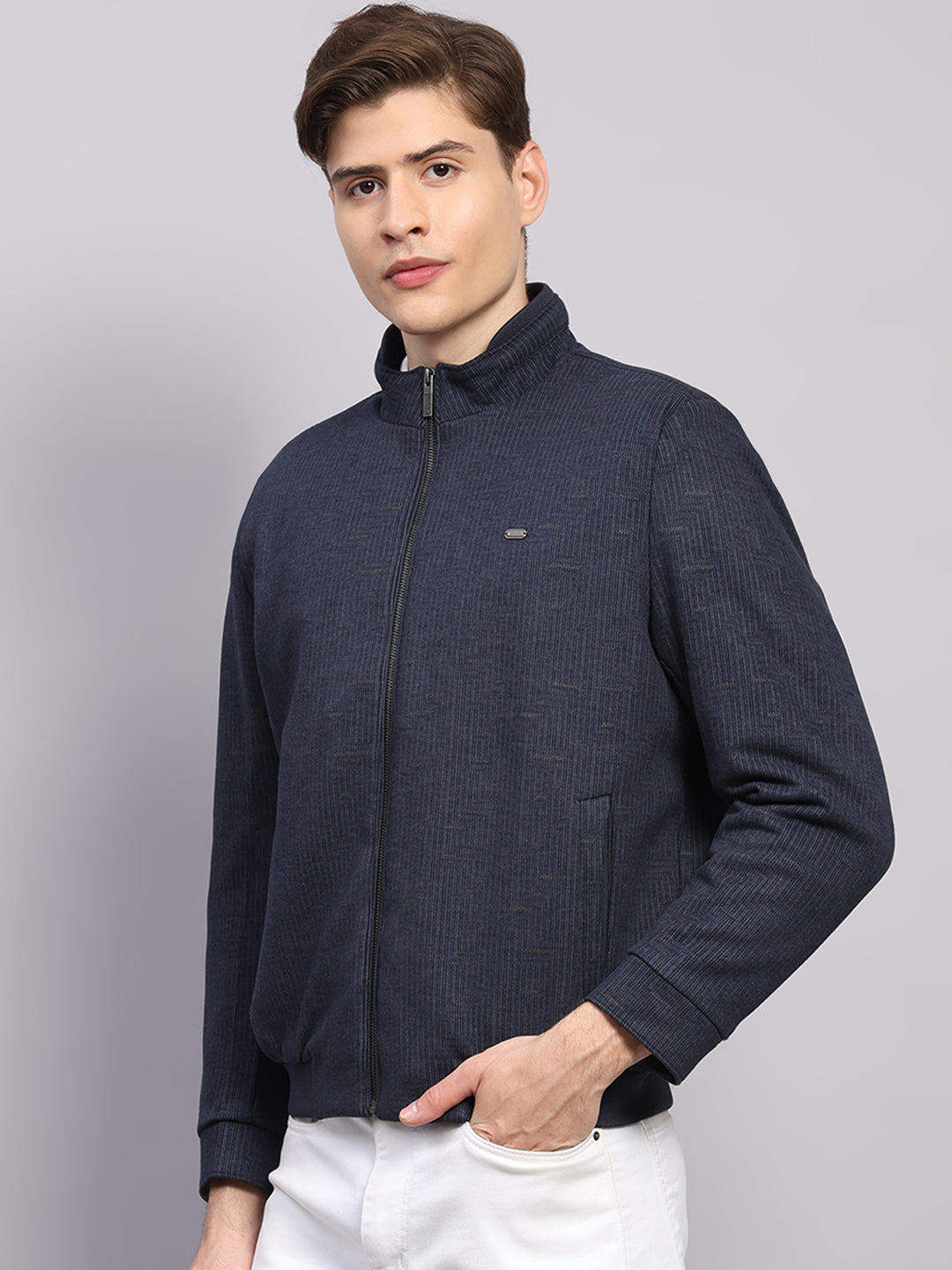 Men Blue Printed Mock Neck Full Sleeve Jacket