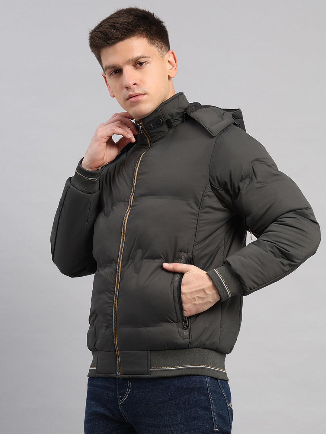 Men Olive Smart Hooded Jacket with Integrated Magnetic Earphones