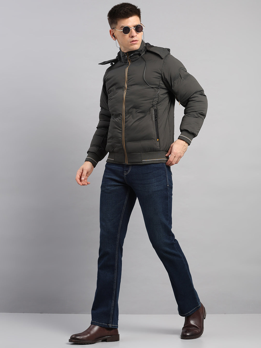 Men Olive Smart Hooded Jacket with Integrated Magnetic Earphones