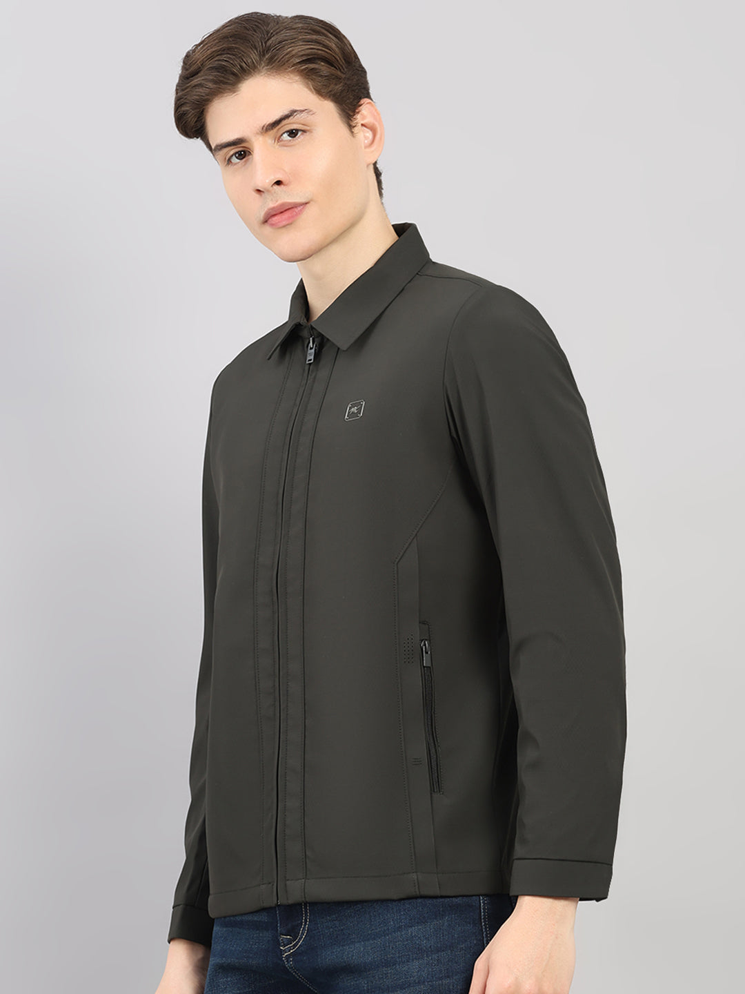 Men Dark Green Solid Stand Collar Full Sleeve Jacket