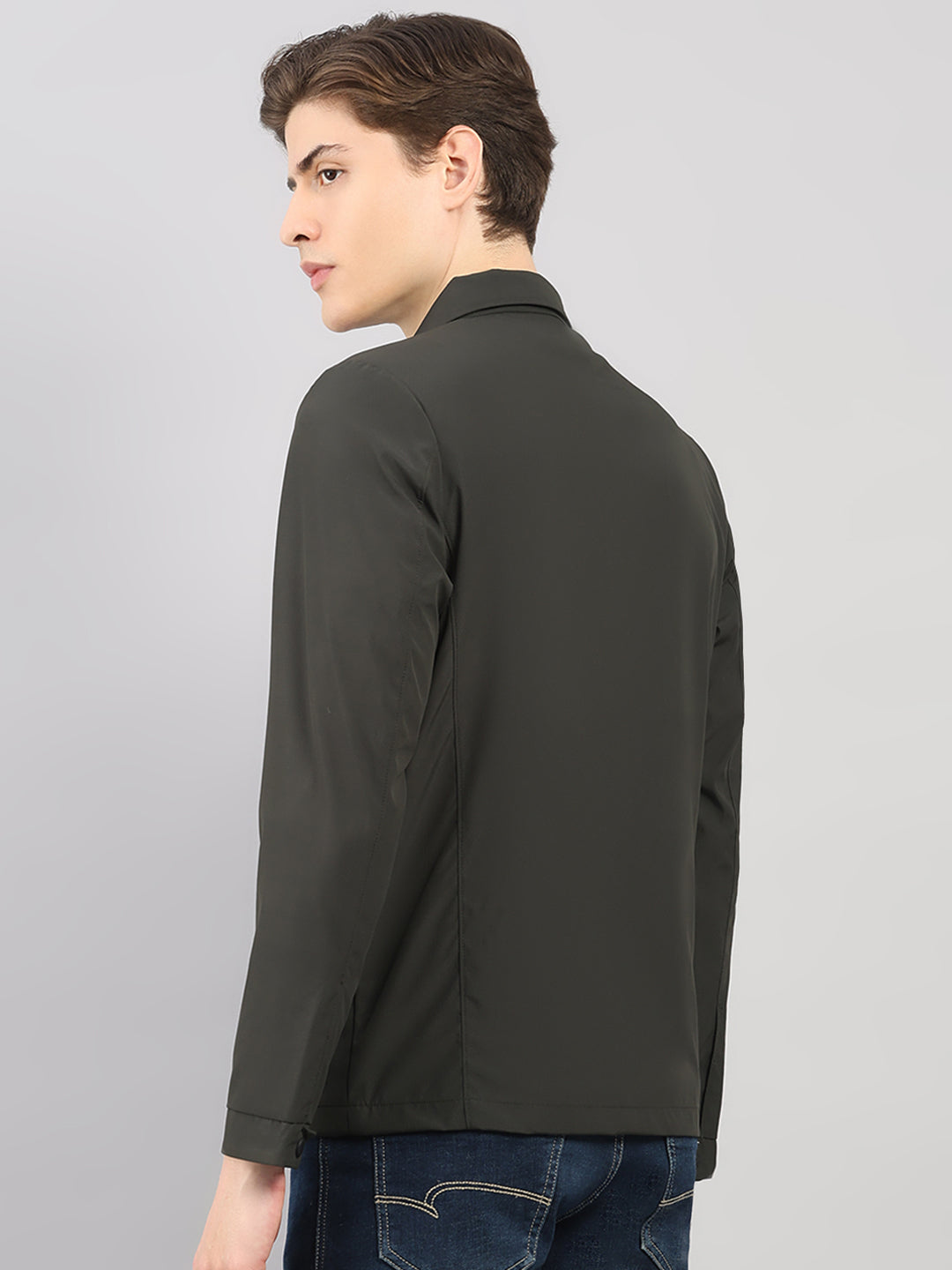 Men Dark Green Solid Stand Collar Full Sleeve Jacket