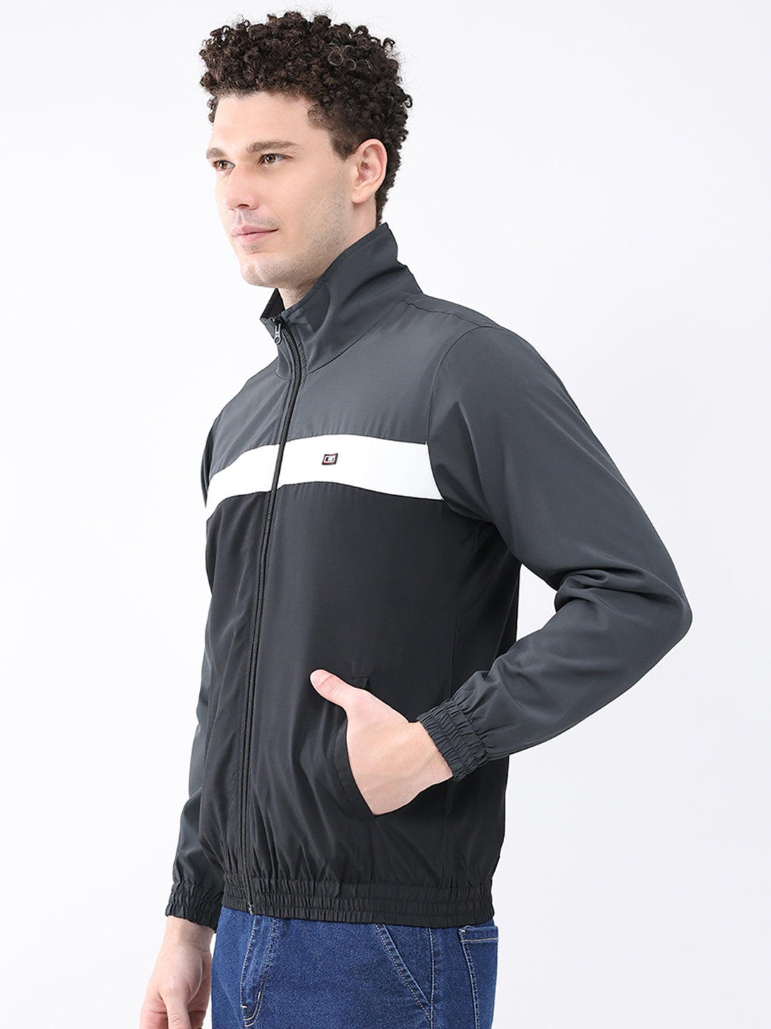 Men Grey Printed Collar Full Sleeve Jacket