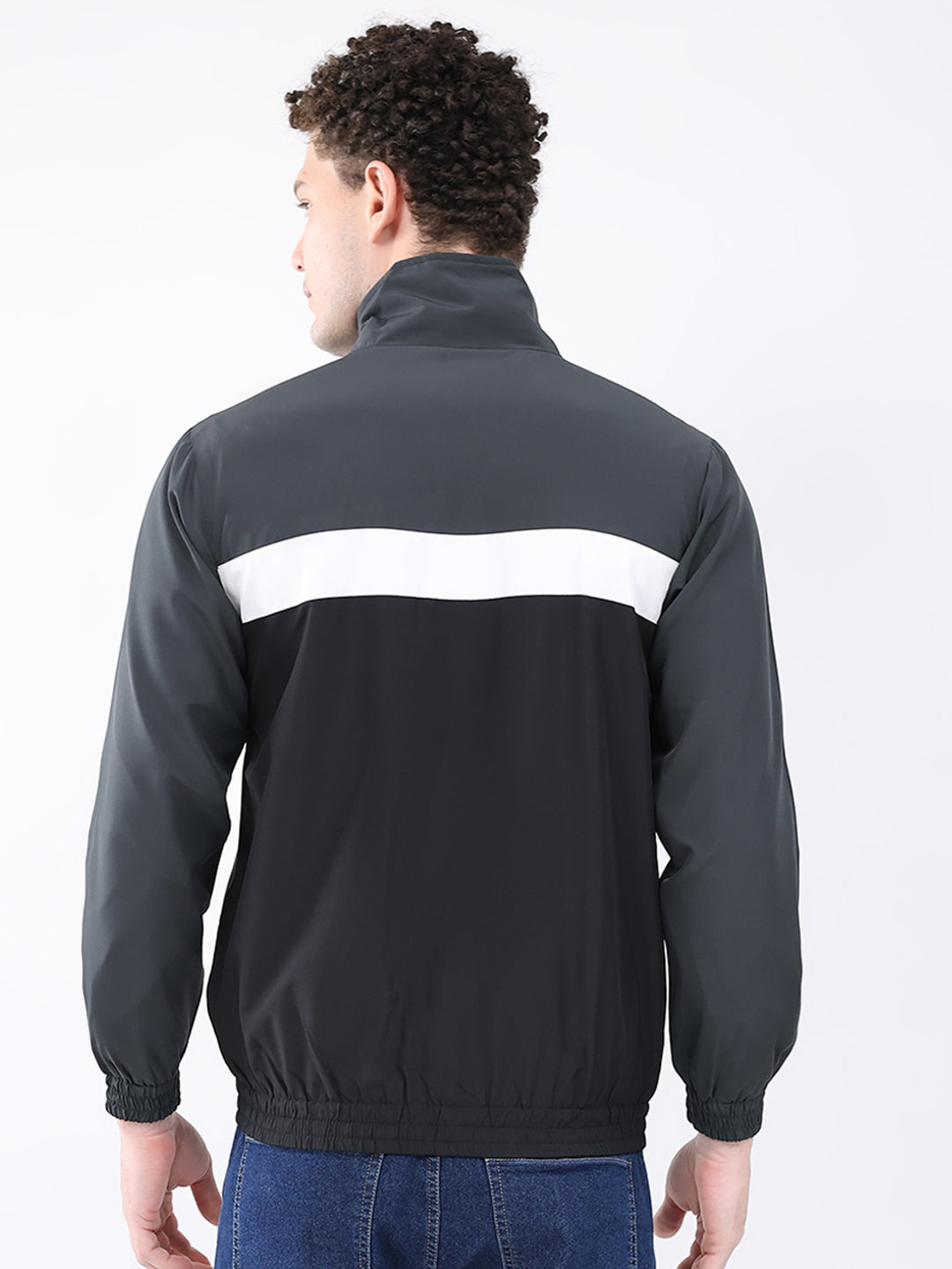 Men Grey Printed Collar Full Sleeve Jacket