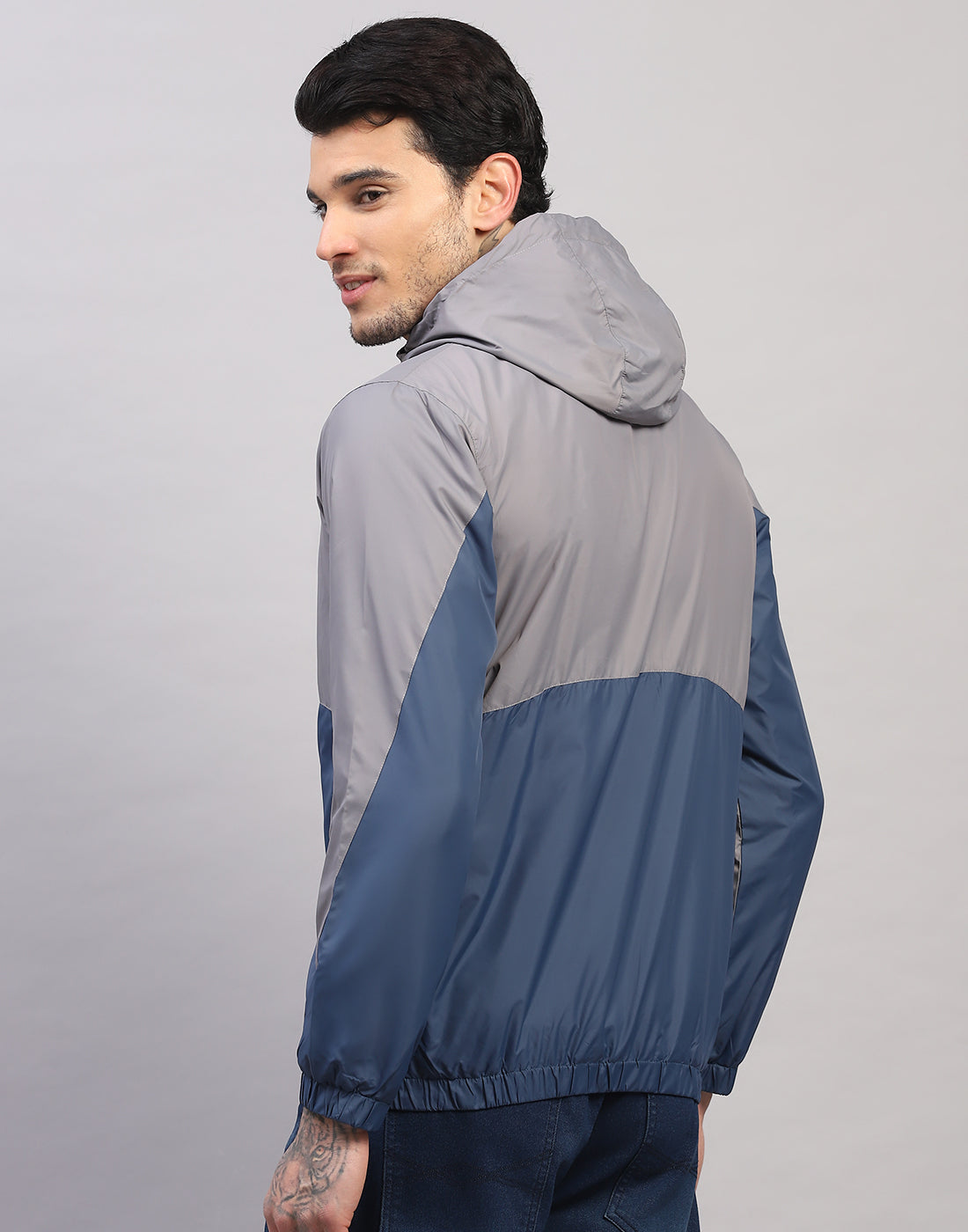 Men Grey Printed Collar Full Sleeve Jacket