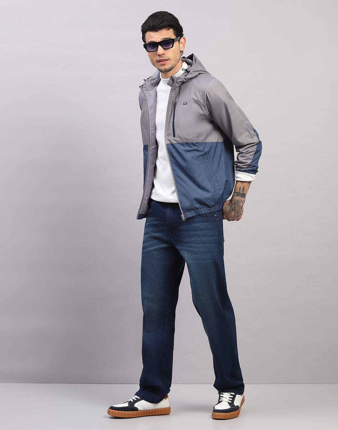 Men Grey Printed Collar Full Sleeve Jacket