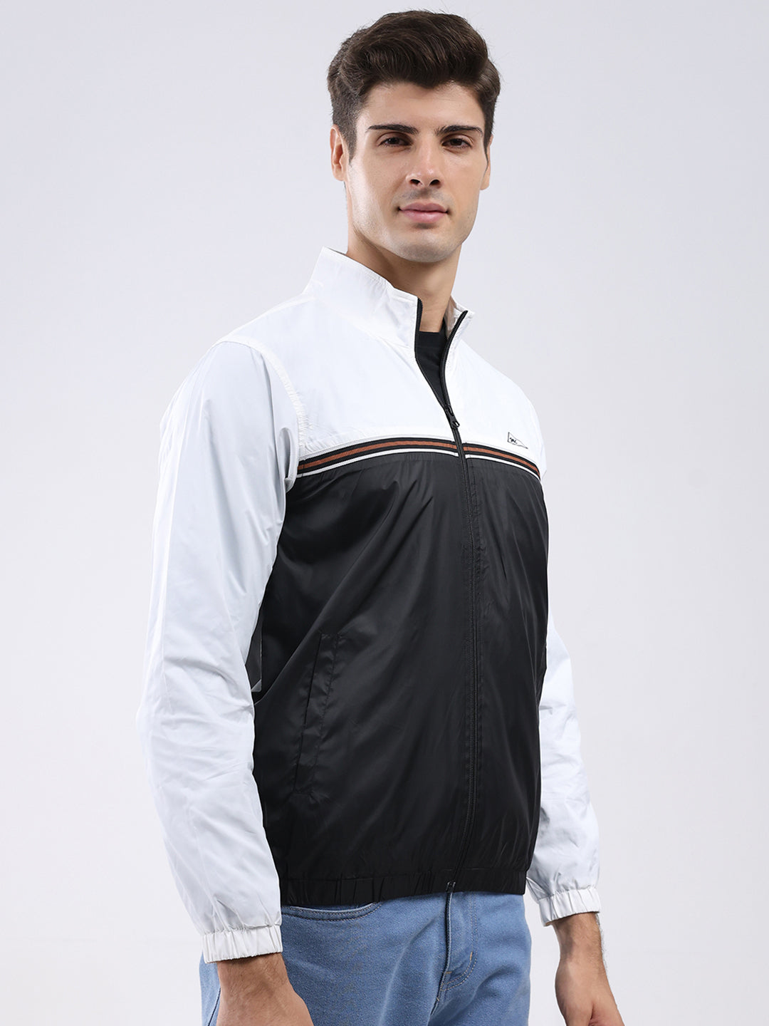 Men Black Self Design Stand Collar Full Sleeve Jacket