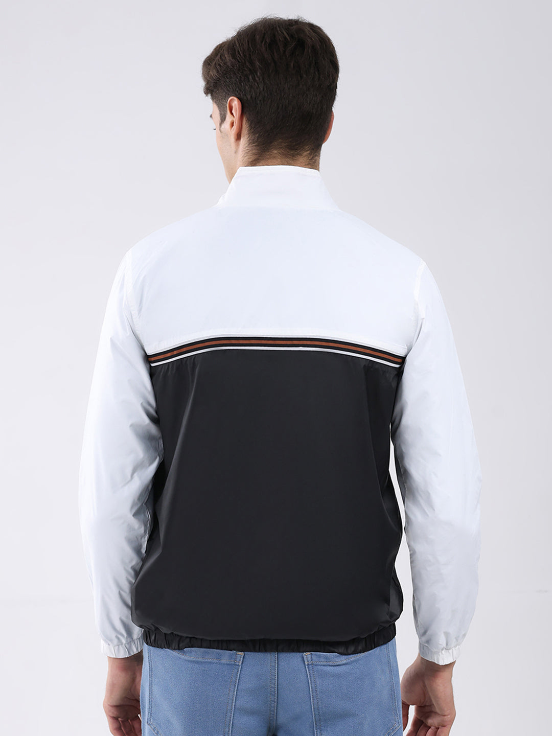 Men Black Self Design Stand Collar Full Sleeve Jacket