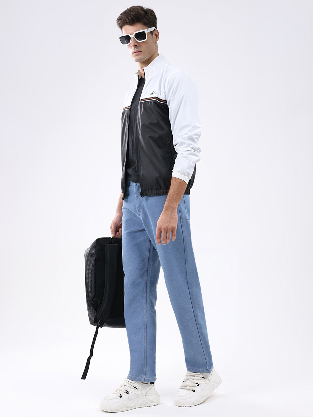 Men Black Self Design Stand Collar Full Sleeve Jacket