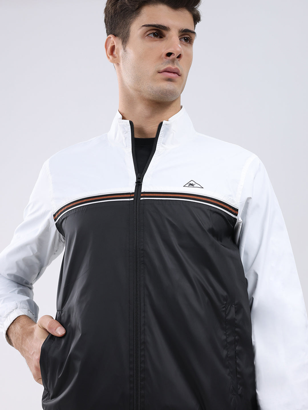 Men Black Self Design Stand Collar Full Sleeve Jacket