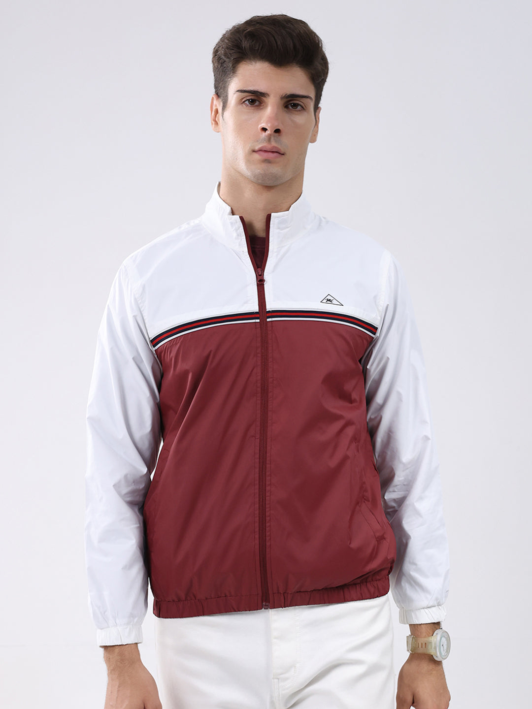 Men Maroon Self Design Stand Collar Full Sleeve Jacket