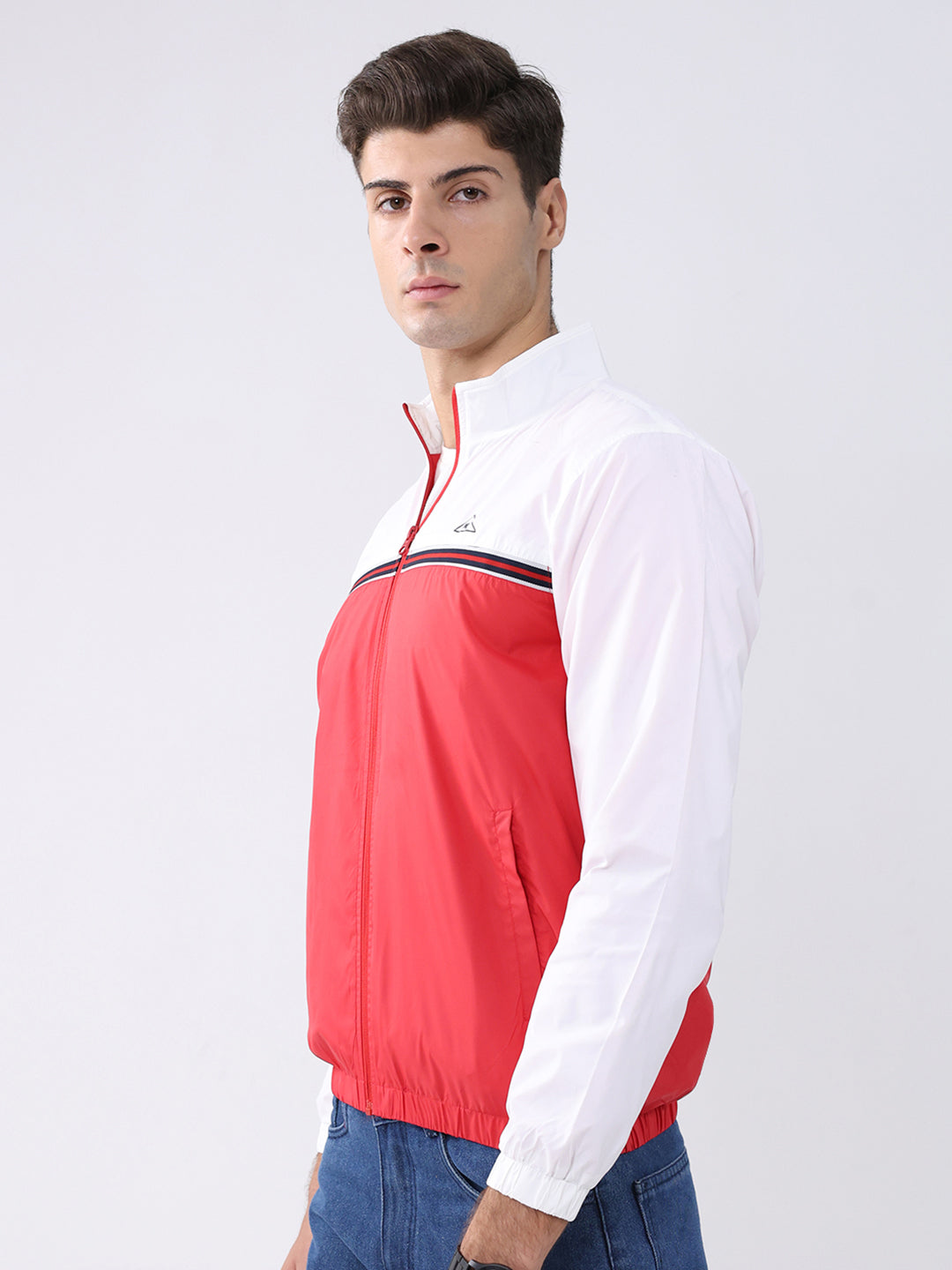 Men Red Self Design Stand Collar Full Sleeve Jacket