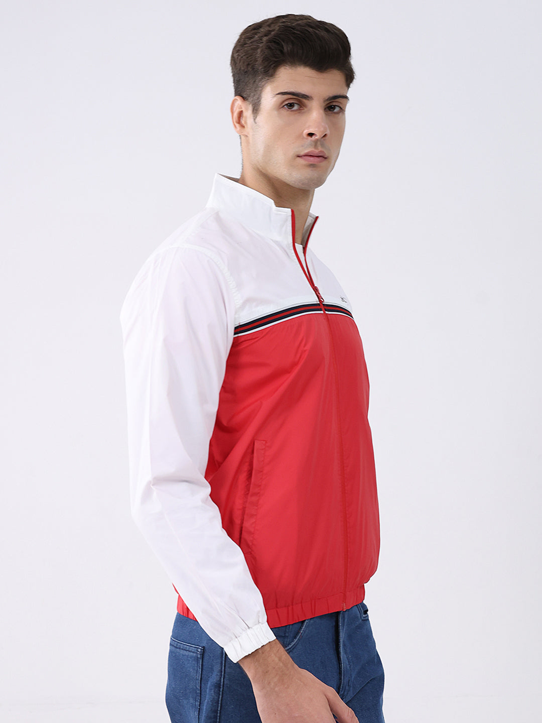 Men Red Self Design Stand Collar Full Sleeve Jacket