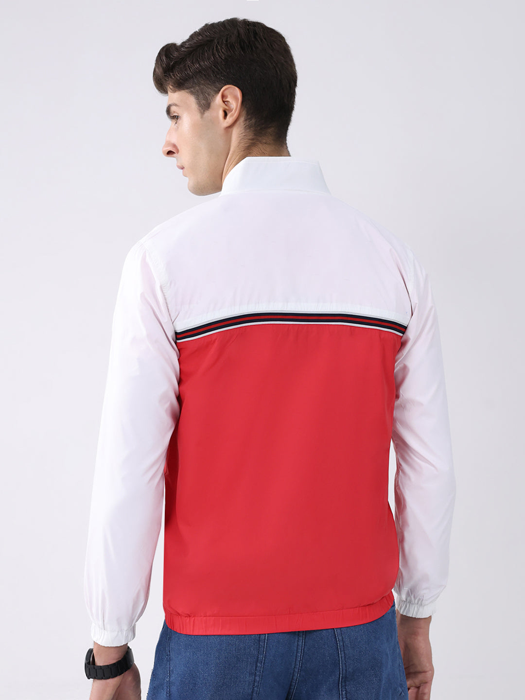 Men Red Self Design Stand Collar Full Sleeve Jacket