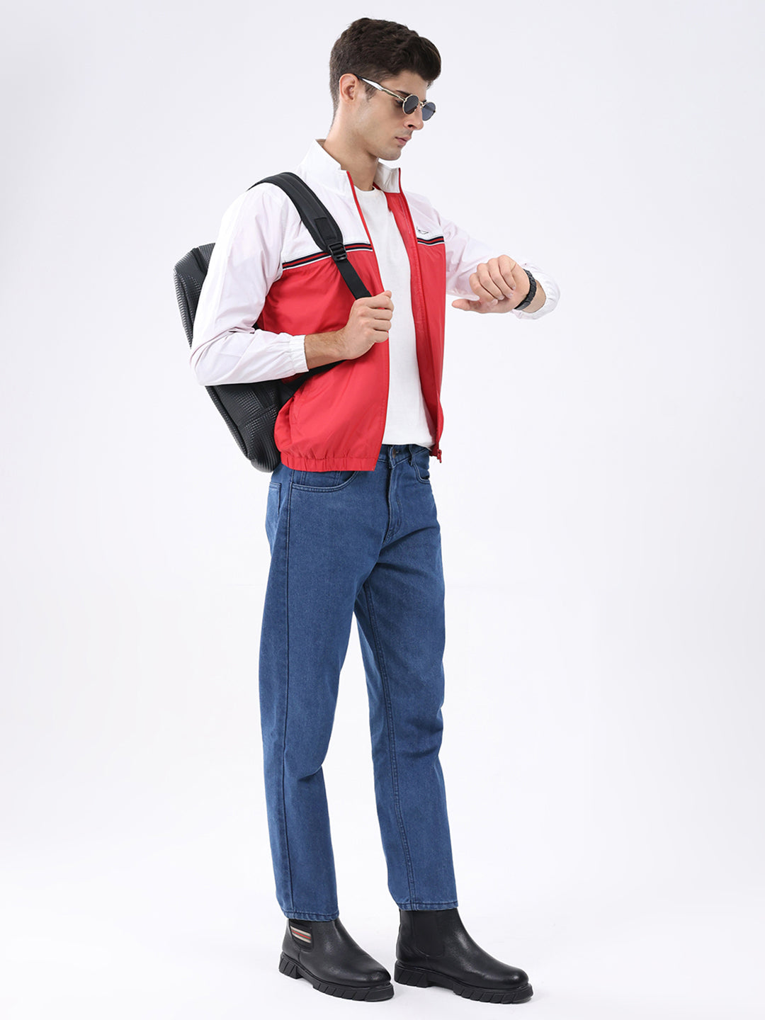 Men Red Self Design Stand Collar Full Sleeve Jacket