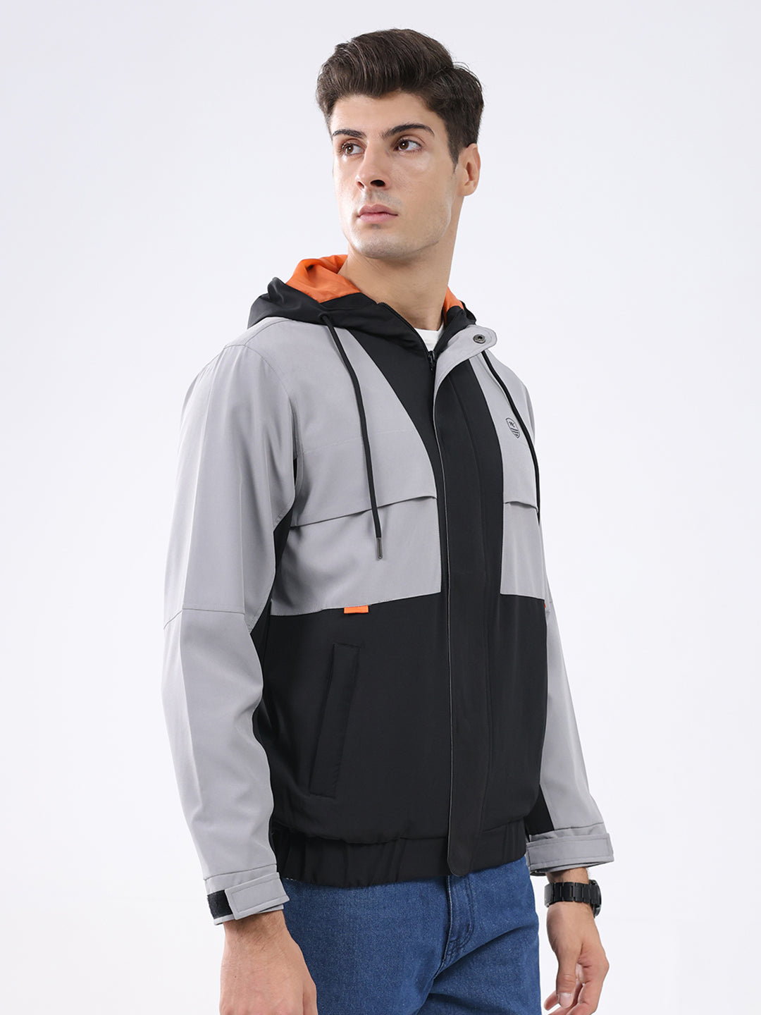 Men Black Colourblocked Hooded Full Sleeve Jacket